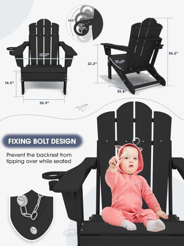 KINGYES Folding Adjustable Backrest HDPE Adirondack Chair Set of 2, Black - Image 2