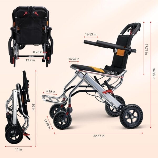 Ultra-Lightweight 19lbs Foldable Transport Wheelchair for Seniors - Portable Aluminum Travel Wheelchair with Carrying Bag, Supports 220lbs Capacity - Image 3