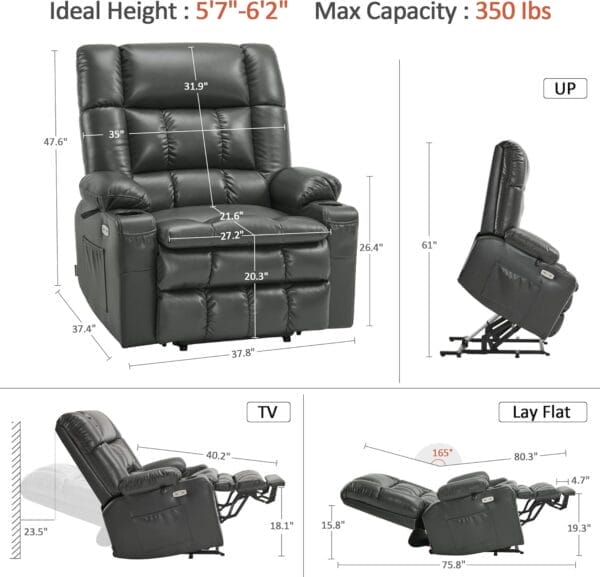 MCombo Dual Motor Power Lift Recliner Chair for Elderly, Lay Flat Lift Chair with Heat and Massage, Oversized Lift Recliner for Big and Tall, Faux Leather R7891 (Grey, Oversized) - Image 3