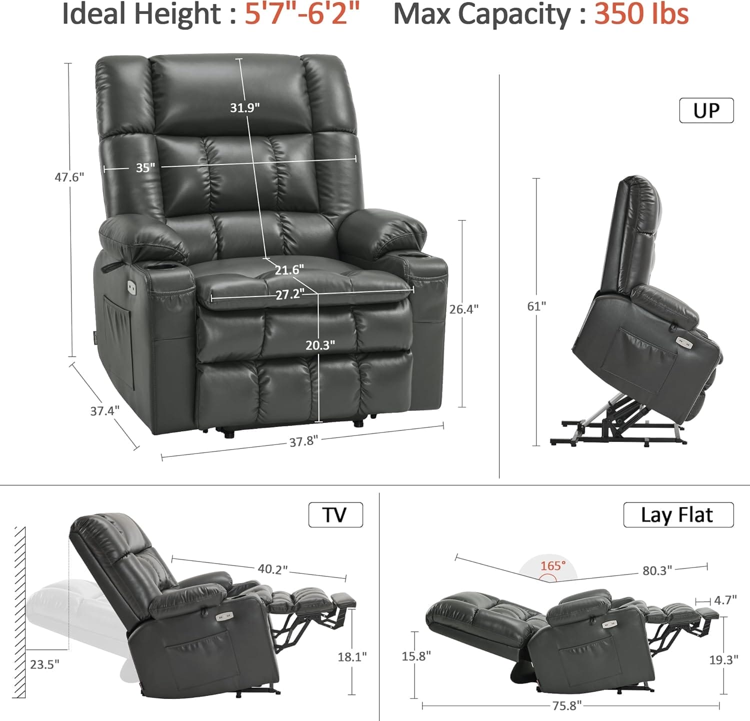 MCombo Dual Motor Power Lift Recliner Chair for Elderly, Lay Flat Lift Chair with Heat and Massage, Oversized Lift Recliner for Big and Tall, Faux Leather R7891 (Grey, Oversized) - Image 3