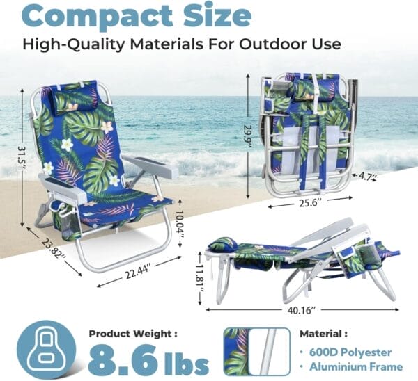 Folding Beach Chair for Adults, 10'' Low Sand Chairs with Cup Holder, 5-Position Recling Backpack Beach Chair Aluminum Frame, Portable for Travel & Outdoor, Supports 300lbs, Tropical Palm - Image 2
