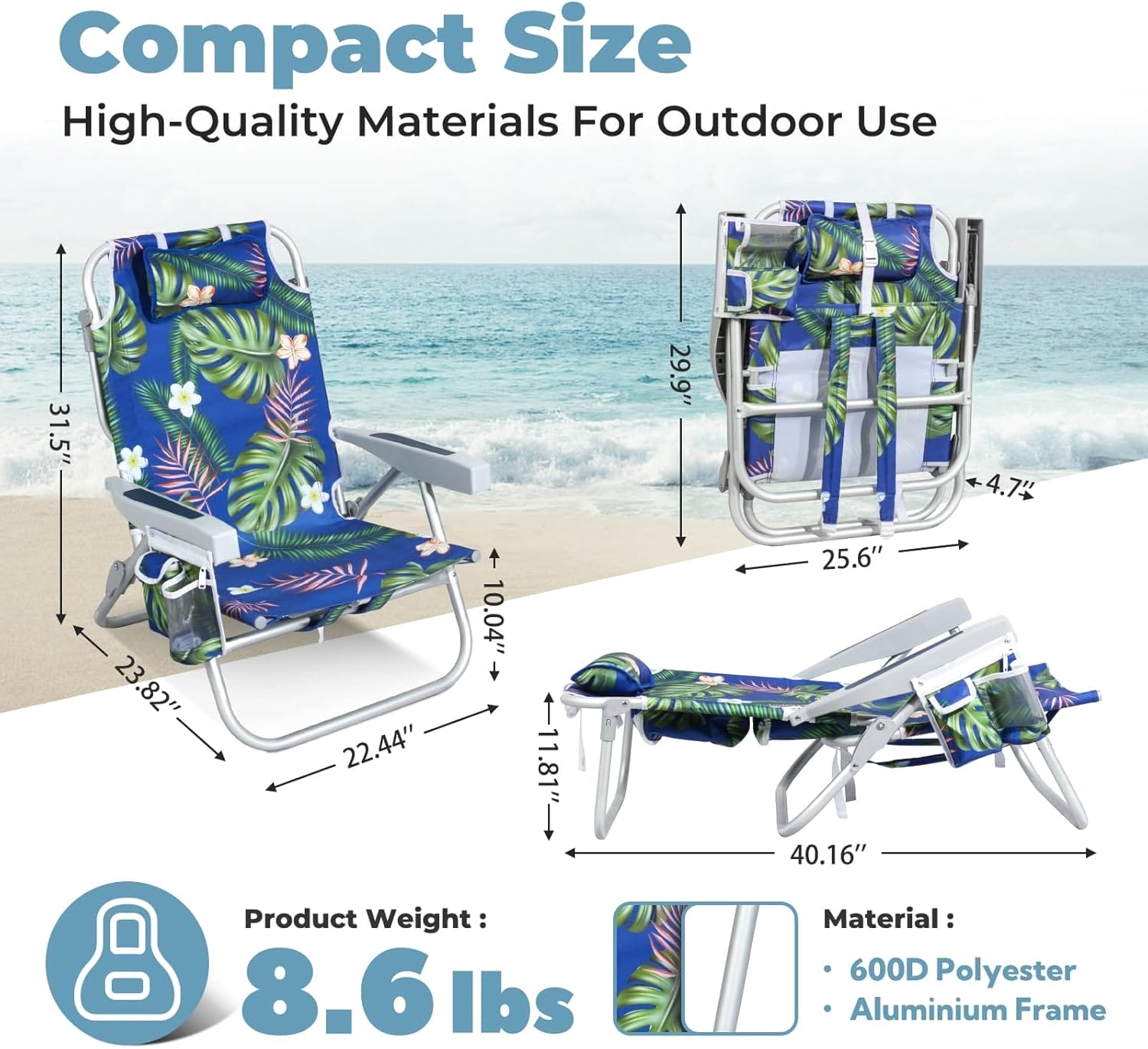 Folding Beach Chair for Adults, 10'' Low Sand Chairs with Cup Holder, 5-Position Recling Backpack Beach Chair Aluminum Frame, Portable for Travel & Outdoor, Supports 300lbs, Tropical Palm - Image 2