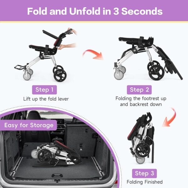 Ambliss Lightweight Folding Transport Wheelchair for Adults - Portable, Compact, and Easy-to-Use Travel Wheelchair, up to 300 lbs (Silver) - Image 4