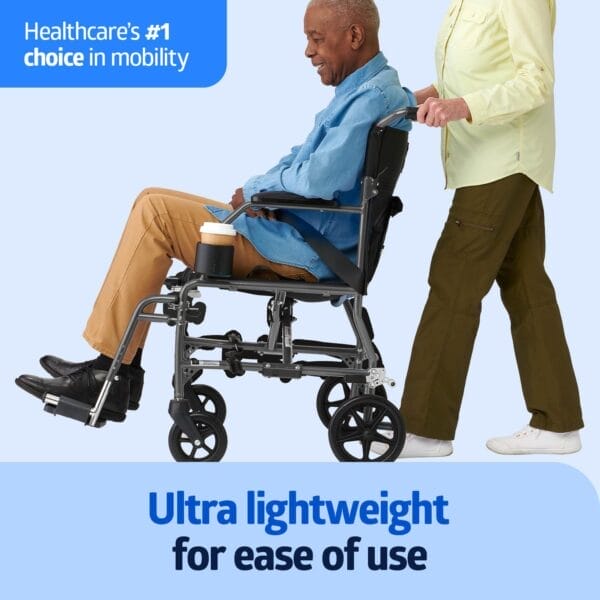 Medline Ultralight Transport Wheelchair, 19" Wide Seat, Foldable Chair with Desk-Length Arms, Metallic Silver Frame - Lightweight, Compact, Portable - Image 2