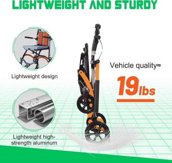 Ultra Lightweight Wheelchairs for Adults 19lbs - Foldable Transport Chair with Safety Belt, Storage Bag & 270° Flip Armrests, 220lbs Capacity, 16" Seat for Travel, Camping, Airplane (Orange) - Image 2