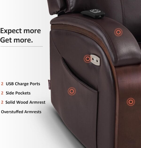 MCombo Power Lift Recliner Chair Sofa with Massage and Heat, Adjustable Headrest for Elderly People, Solid Wood Armrest, USB Ports, Side Pockets, Faux Leather 7917 (Dark Brown, Medium) - Image 8