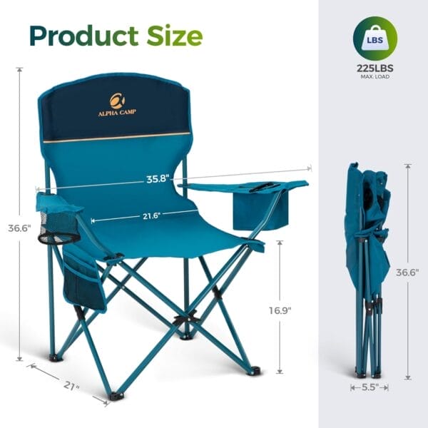 ALPHA CAMP Folding Camping Chairs for Adults Lawn Chairs Outdoor Chairs Support 250 LBS Portable Camp Chairs with Cup Holders Cooler Pouch for Outdoor, 2 Pack (Blue) - Image 3