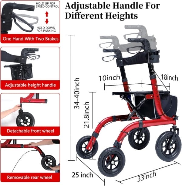 Rollator Walker for Seniors, Lightweight Foldable All Terrain Rolling Walker with seat, Aluminum Walkers with 10 inch Rubber Wheels, Handles and Backrest for Seniors and Adult - Image 2
