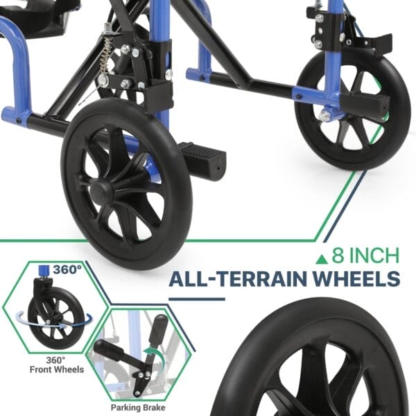 Magshion Lightweight Transport Wheelchair for Adults 250 Lbs, Portable Folding Transport Chair for Seniors with Push-to-Lock & Hand Brakes, Compact 16" Seat (Blue Frame) - Image 8