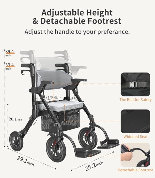 Rollator-Walkers-for-Seniors-with-Seat, Walker Wheelchair Combo, Transport-Wheelchair-Lightweight-Foldable, Adult Walkers All Terrain, 2 in 1 Rolling Walker Chair with Brakes & Pouch-2024 New - Image 5