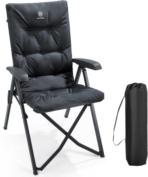 EVER ADVANCED Folding Camping Recliner Chair Fully Padded with Adjustable High Back Support Portable for Adults Patio Reclining Chair, Black