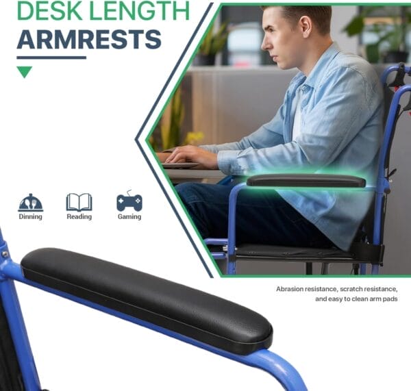 Magshion Lightweight Transport Wheelchair for Adults 250 Lbs, Portable Folding Transport Chair for Seniors with Push-to-Lock & Hand Brakes, Compact 16" Seat (Blue Frame) - Image 5