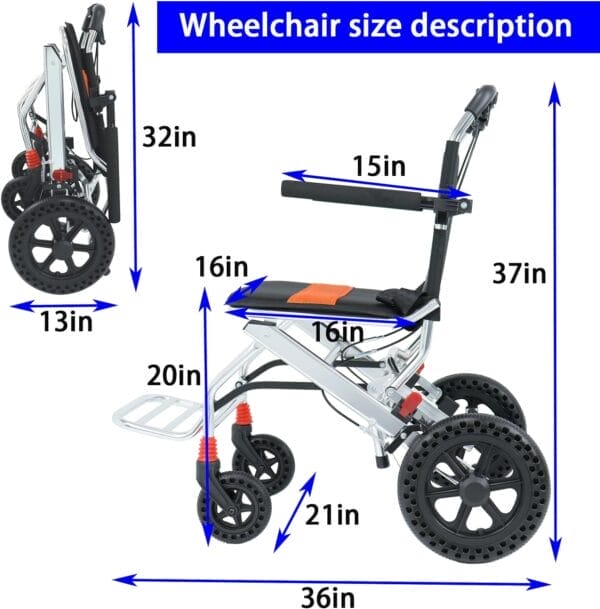 Portable Folding Wheelchair, Travel with handbrake, Ultra-Light Wheelchair for The Elderly and Children (with Bag) (12 inch PU Rear Wheel) - Image 2