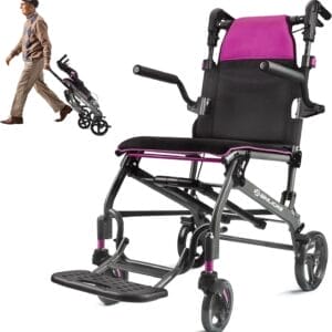 Wheelchairs for Adults Transport Chair Lightweight Foldable with Telescopic Handle, 19.4lbs Portable Folding Travel Wheel Chairs for Seniors - Rose Red