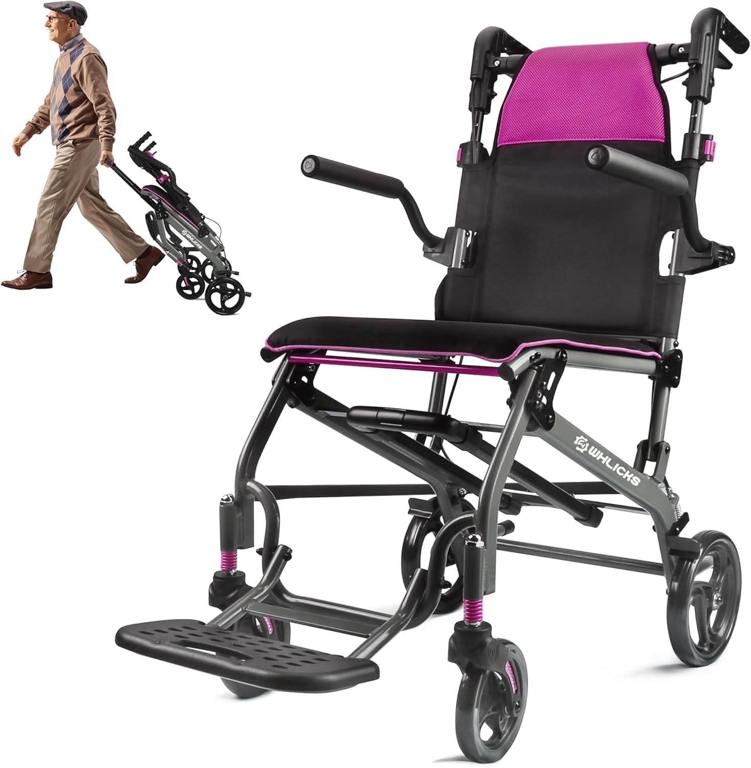 Wheelchairs for Adults Transport Chair Lightweight Foldable with Telescopic Handle, 19.4lbs Portable Folding Travel Wheel Chairs for Seniors - Rose Red
