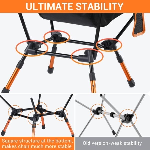 Sportneer Camping Chairs: 3 Heights Adjustable Folding Chairs for Outside with 2 Side Pockets - Compact & Portable Lawn Chairs for Backpacking, Camping, Hiking, Picnic and Travel (2, Orange) - Image 6