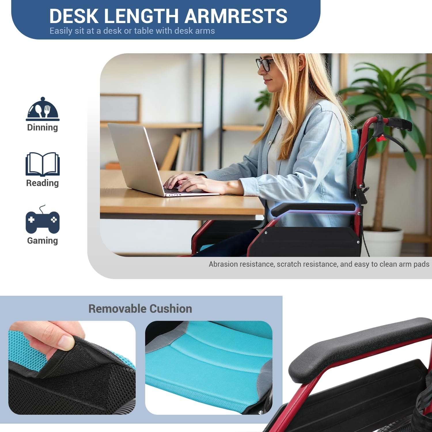 Folding Transport Wheelchair with Removable Cushion and Loop-Lock Handbrakes Wheel Chair for Adults, 17.5 inch Seat User-Friendly Lightweight Foldable Chair for Storage and Travel Use, 250lbs - Image 5