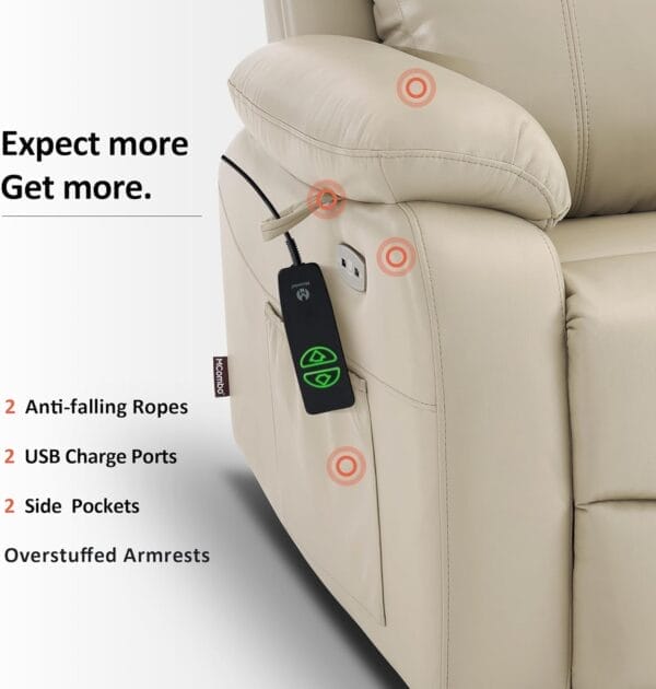 MCombo Small-Wide Power Lift Recliner Chair with Massage and Heat for Petite Elderly People, 3 Positions, 2 Side Pockets, USB Ports, Faux Leather R7410 (Beige, Small-Wide) - Image 7