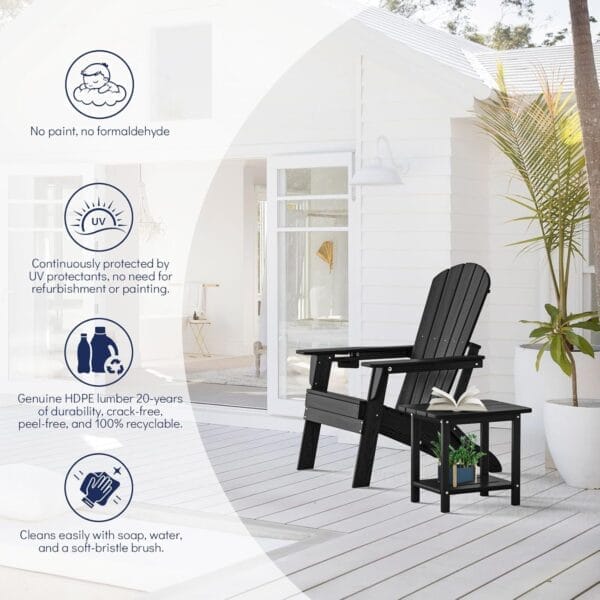 Folding Adirondack Chair, SGS Tested, Wooden Textured with Cup Holder, Heavy All-Weather HDPE Comfortable Set Poolside Backyard Lawn Black - Image 5