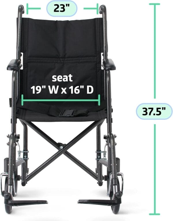 Medline Durable Folding Steel Transport Wheelchair with Swing-Away Footrests, 19-Inch Seat Width, Black Frame, Black Upholstery - Image 6
