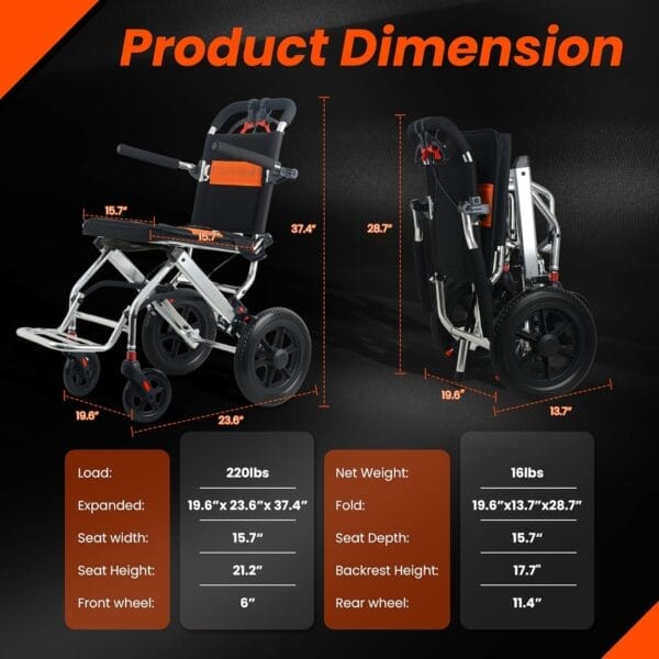 Ultra Lightweight Folding Wheelchair for Adults, 12" Big Rear Tires Transport Wheelchairs, Foldable Portable Travel Wheelchairs for Adults and Seniors Support 220lbs, Airline Approved - Image 2