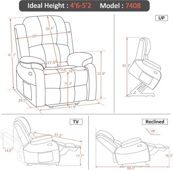 MCombo Small-Regular Power Lift Recliner Chair with Massage and Heat for Petite Elderly People, 3 Positions, 2 Side Pockets, USB Ports, Faux Leather 7408 (Beige, Small-Regular) - Image 3