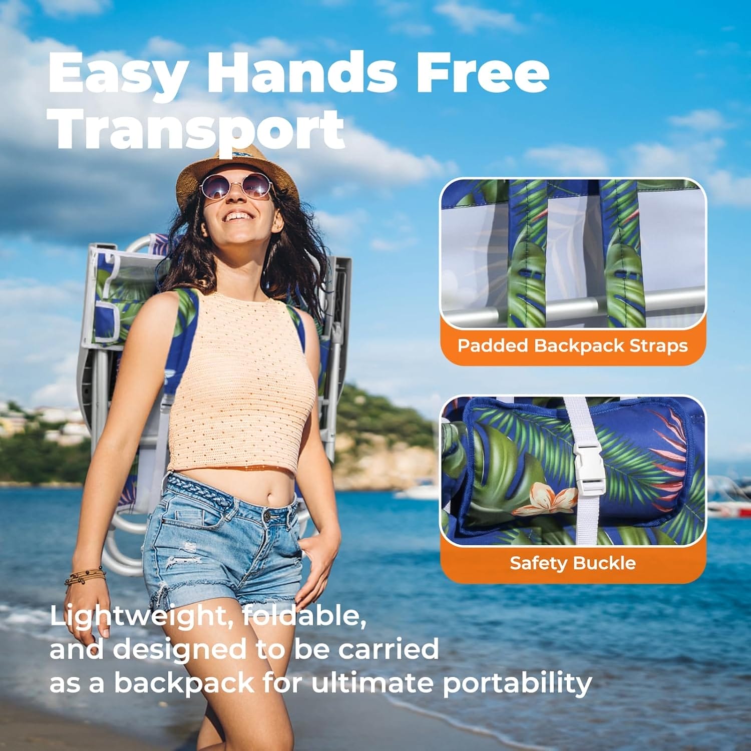 Folding Beach Chair for Adults, 10'' Low Sand Chairs with Cup Holder, 5-Position Recling Backpack Beach Chair Aluminum Frame, Portable for Travel & Outdoor, Supports 300lbs, Tropical Palm - Image 6
