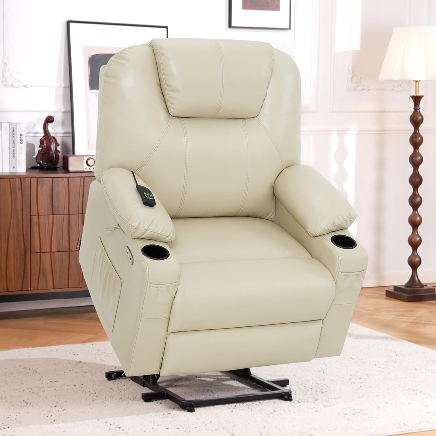 MCombo Extra Wide Power Lift Recliner Chair for Elderly, Lift Chair with Heat and Massage for Big People, USB&Type C Ports, Cup Holders, Faux Leather R7045 (Cream White, Medium-Wide) - Image 2