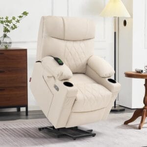 MCombo Small Power Lift Recliner Chair Sofa with Massage and Dual Heating, Adjustable Headrest for Elderly People Petite, USB Ports, Faux Leather 7111 (Cream White)