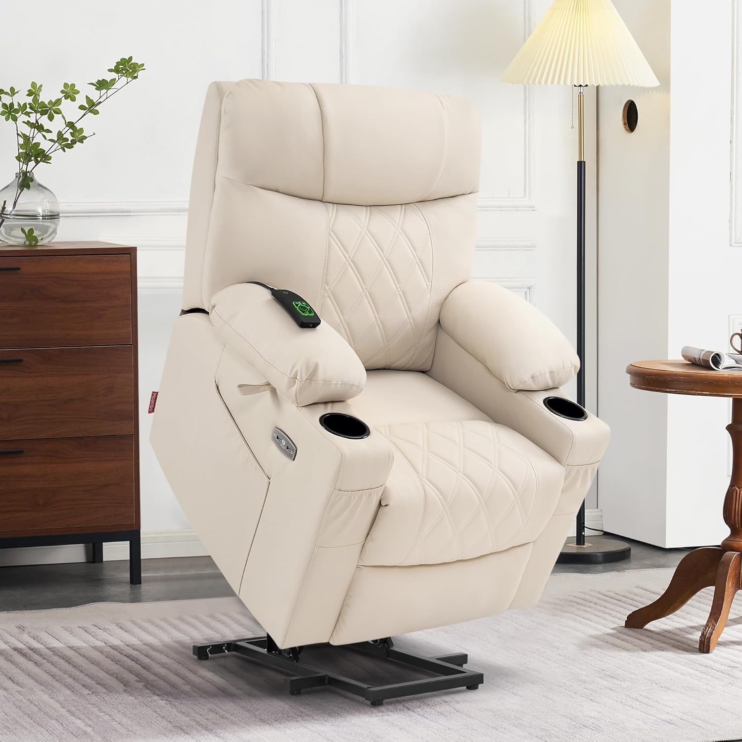 MCombo Small Power Lift Recliner Chair Sofa with Massage and Dual Heating, Adjustable Headrest for Elderly People Petite, USB Ports, Faux Leather 7111 (Cream White)