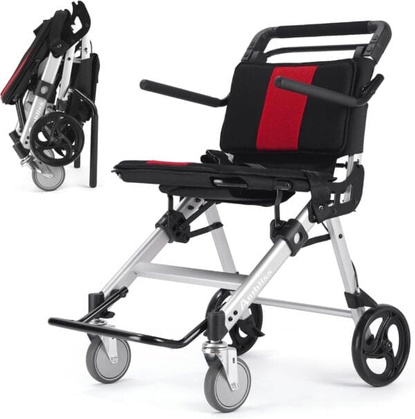 Ambliss Lightweight Folding Transport Wheelchair for Adults - Portable, Compact, and Easy-to-Use Travel Wheelchair, up to 300 lbs (Silver)