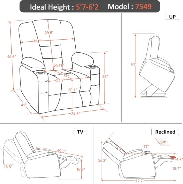 MCombo Large Power Lift Recliner Chair Sofa with Massage and Heat for Big and Tall Elderly People, 3 Positions, Cup Holders, and USB Ports, Fabric 7549 (Large, Burgundy) - Image 2