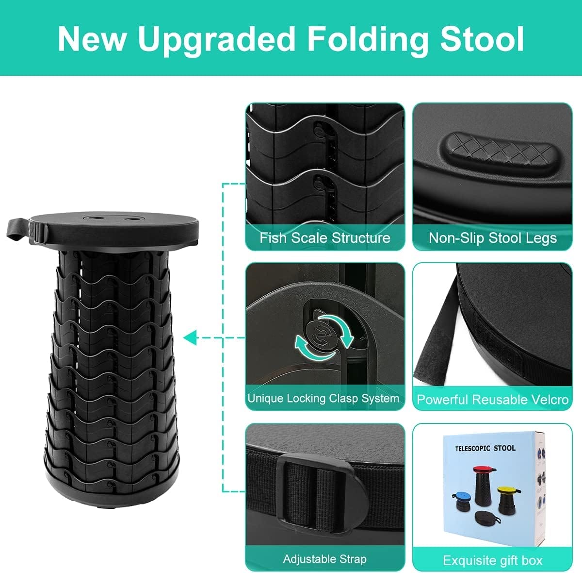 Coideal Retractable Folding Stool Upgraded, Portable Lightweight Collapsible Stool Telescoping Chair Seat Adjustable Height with Load 400 lbs for Adult Camping Travel Fishing Outdoor - Image 3