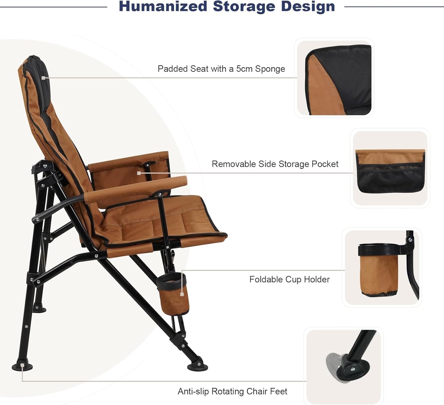 Outdoor Folding Camping Chair Heavy Duty Movable High Back Collapsible Padded Chair with Storage Bag for Outside Camping Activities, Brown - Image 5