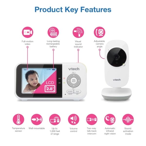 VTech VM819 Baby Monitor with Camera and Audio, 2.8” Screen Portable Baby Camera, Night Vision, 2-Way Audio, Temperature Sensor and Lullabies, Secure Transmission No WiFi, Ideal for Baby/Elderly/Pet - Image 2