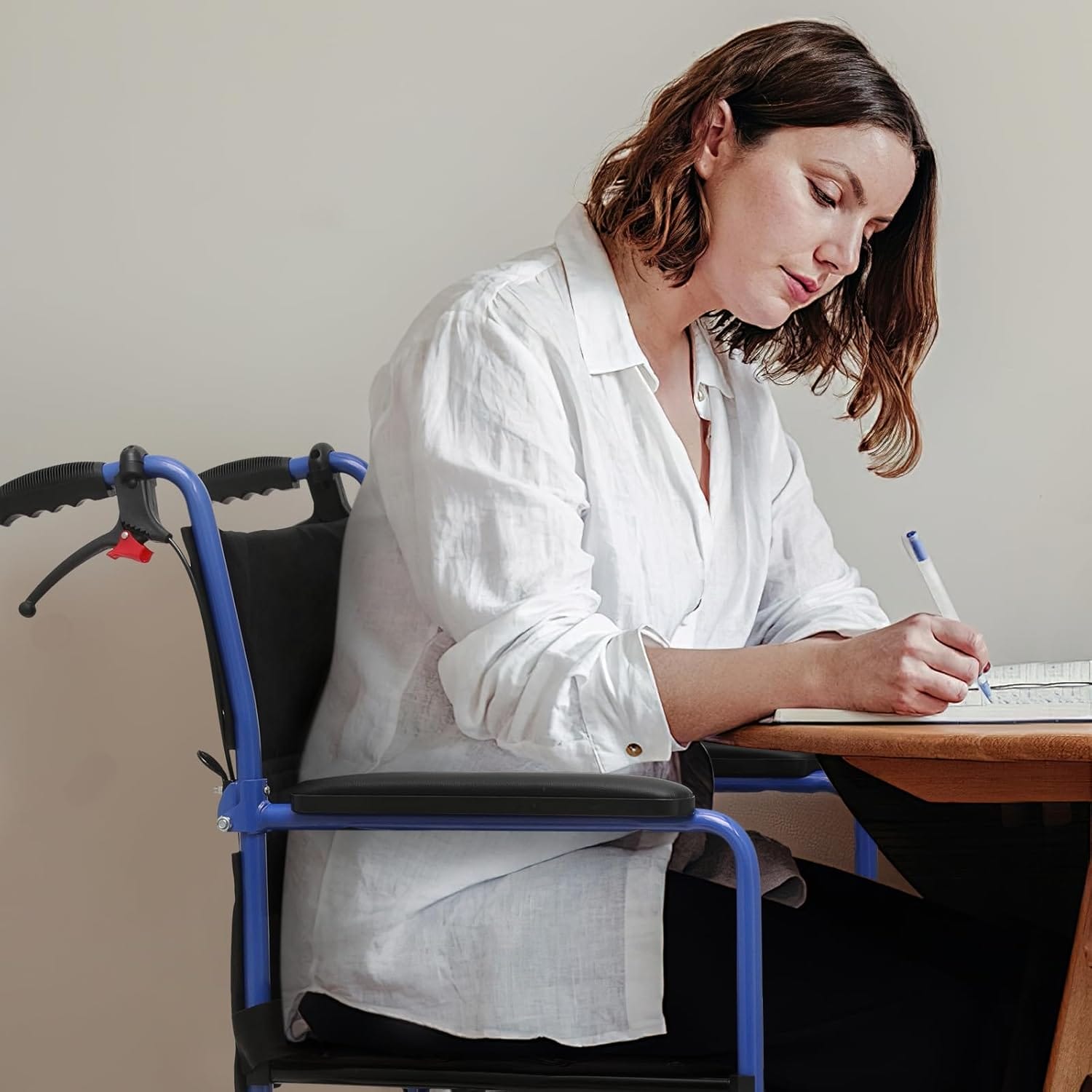 Magshion Lightweight Transport Wheelchair for Adults 250 Lbs, Portable Folding Transport Chair for Seniors with Push-to-Lock & Hand Brakes, Compact 16" Seat (Blue Frame) - Image 3