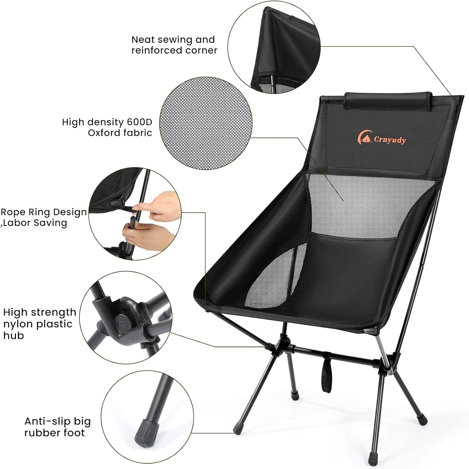 Folding High Back Camping Chair for Outside,Portable Camp Chair for Adults, Lightweight Compact with Carry Bag, for Hiking Lawn Picnic&Fishing(Black) - Image 3