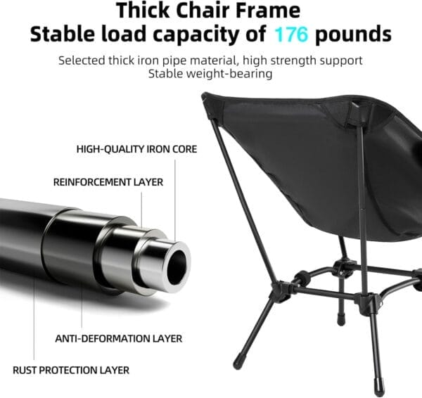 CAMEL CROWN Folding Camping Chair, Lightweight Portable Compact Lawn Chair with Side Pocket for Outdoor Travel Beach Picnic Hiking Backpacking Black - Image 4
