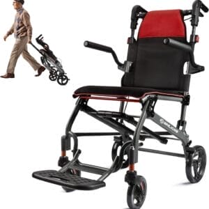 Wheelchairs for Adults Transport Chair Lightweight Foldable with Telescopic Handle, 19.4lbs Portable Folding Travel Wheel Chairs for Seniors - Red