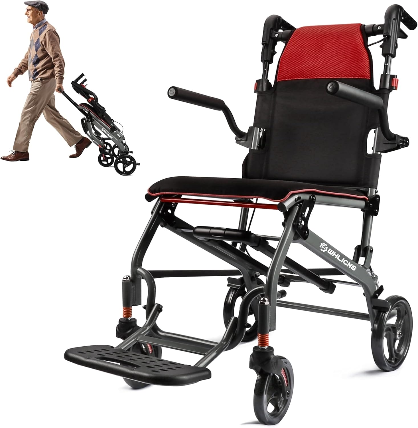 Wheelchairs for Adults Transport Chair Lightweight Foldable with Telescopic Handle, 19.4lbs Portable Folding Travel Wheel Chairs for Seniors - Red