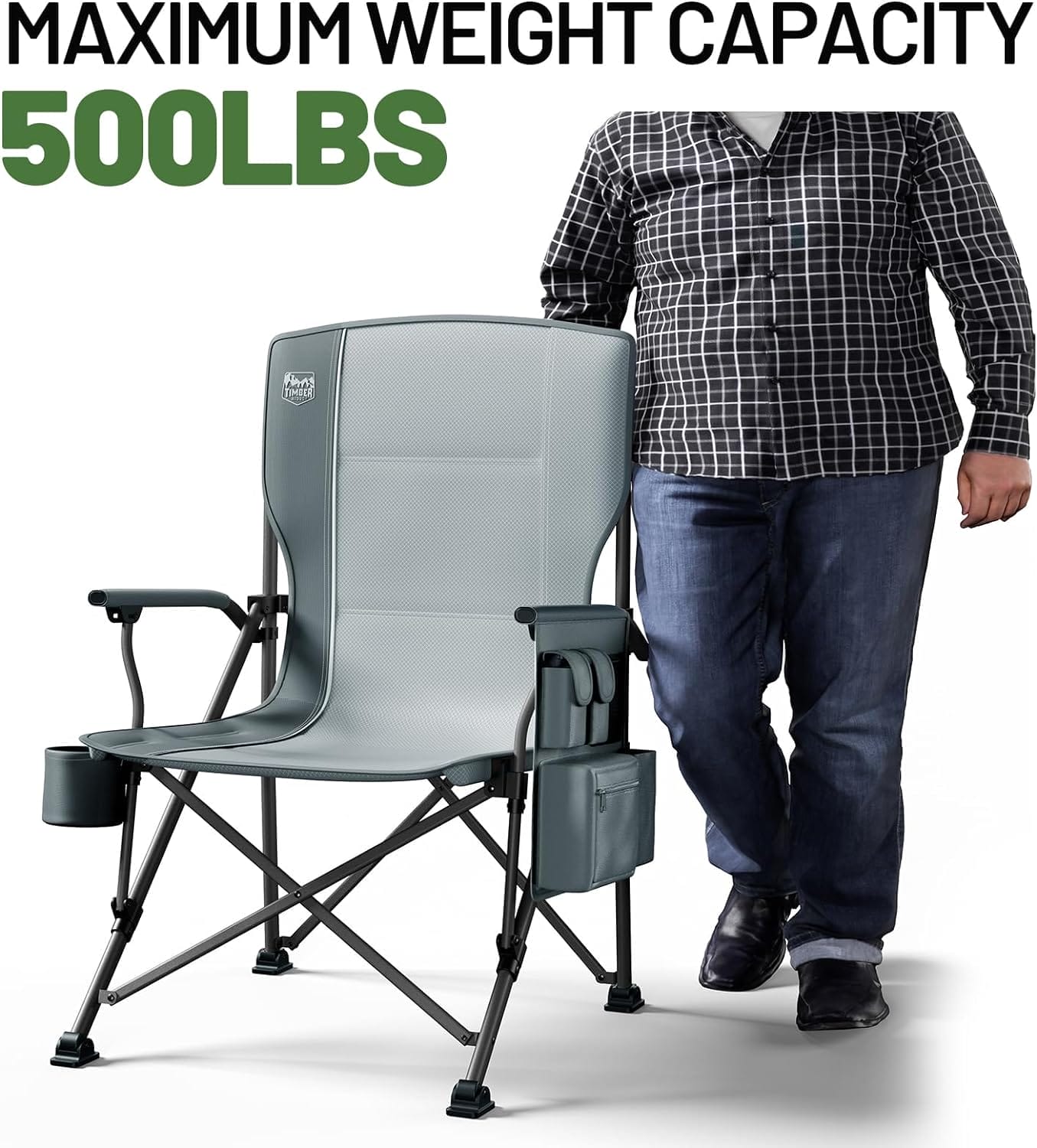 TIMBER RIDGE Oversized Folding Camping Chair High Back Heavy Duty for Adults Support up to 500lbs with Cup Holder, Side Pocket Cooler Bag - Image 6