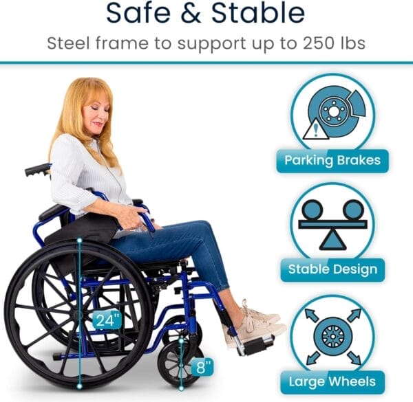 Vive Mobility Foldable Wheelchair for Adults - Portable Wheel Chair for Seniors - Folding Chair w/Wheels for Travel, All Terrain - Elderly & Disabled & Supports up to 250 lbs - Compact & Collapsible - Image 7