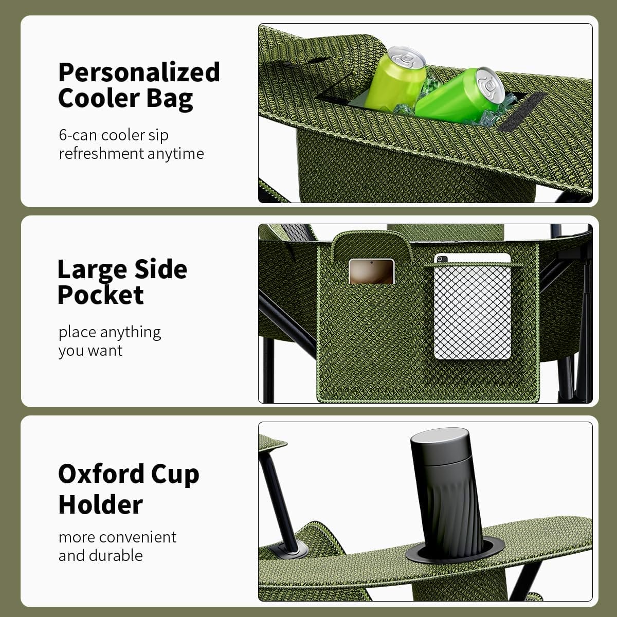 Heavy Duty Folding Chair 500LB Capacity, Oversized Camping Chairs with Cup Holder, Cooler Bag & Storage Pouch, Double-Layer Fabric, Outdoor Chairs for Sports, Lawn Chairs (2, Black Green, Extra Large) - Image 3