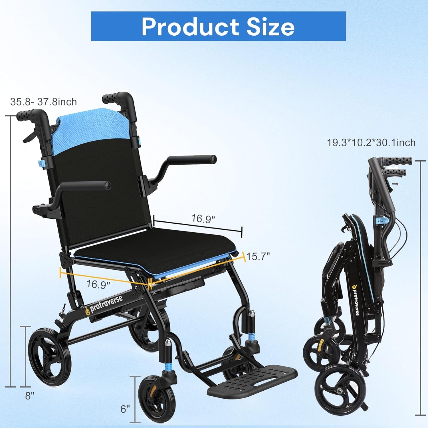 Wheelchairs for Adults,Utral-Lightweight(only 19.4lbs) Transport Chair, Foldable and PortableTravel Wheelchair with Telescopic Handle,Portable Folding Transfer Wheelchairs for Seniors(Blue) - Image 3