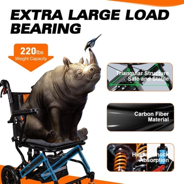 20LBS Ultra-Light Foldable Transport Wheelchair for Adults - Carbon Fiber Coating, 10” PU Tires, Pull Rod, Lightweight & Portable for Travel & Daily Use - Image 5