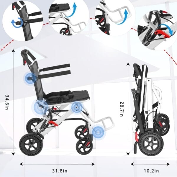 Ultra-Lightweight Portable Transport Wheelchair Foldable Travel Wheelchair Lightweight Foldable with Handbrake for Adults and Seniors（White） - Image 4