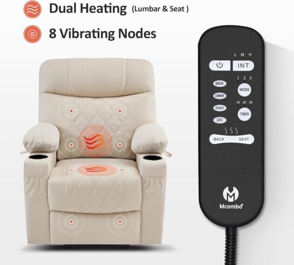MCombo Small Power Lift Recliner Chair Sofa with Massage and Dual Heating, Adjustable Headrest for Elderly People Petite, USB Ports, Faux Leather 7111 (Cream White) - Image 6
