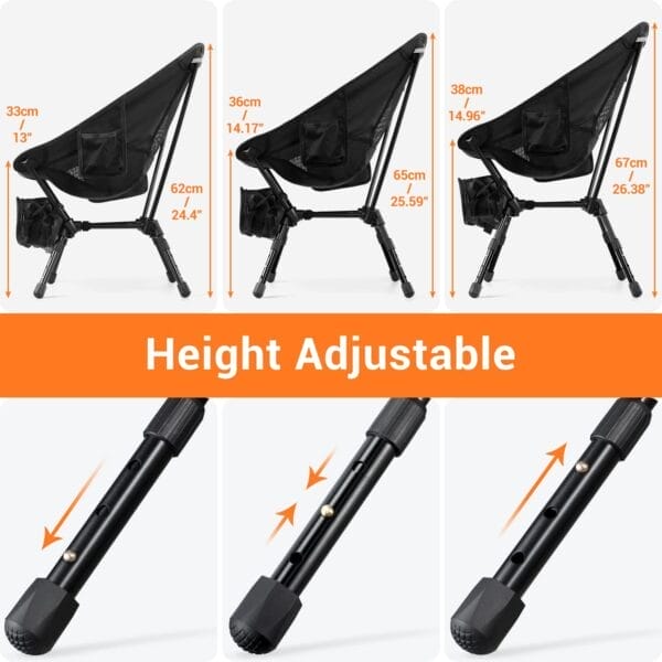 Sportneer Lawn Chairs: 3 Heights Adjustable Camping Chairs for Adults with 2 Side Pockets - Compact & Portable Folding Chairs for Outside, Backpacking, Hiking, Picnic and Travel (1, Black) - Image 3