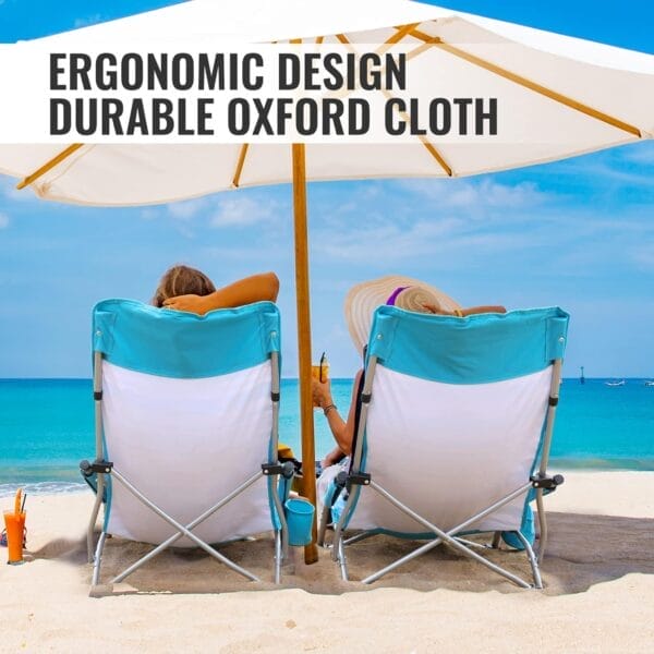 VILLEY Low Beach Chairs for Adults 2 Pack, High Back Folding Beach Chairs, Lightweight and Portable for Outdoor, Beach, Camping, Lawn, Music Festival, with Cup Holder and Carry Bag-Blue Stripes - Image 3