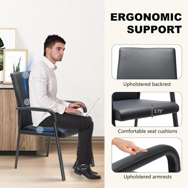 8 Pack Office Guest Reception Chair 600 lbs Capacity Leather Conference Room Chairs with Padded Armrests No Wheels Desk Chair Black - Image 4